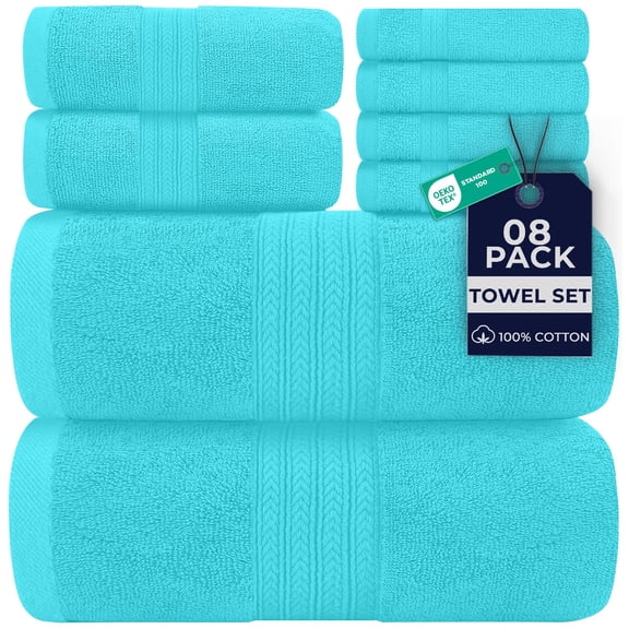 Dan River 8 Piece Towel Set Soft Quick Drying Cotton Bath Towel For Gym, Spa and Bathroom - Aqua