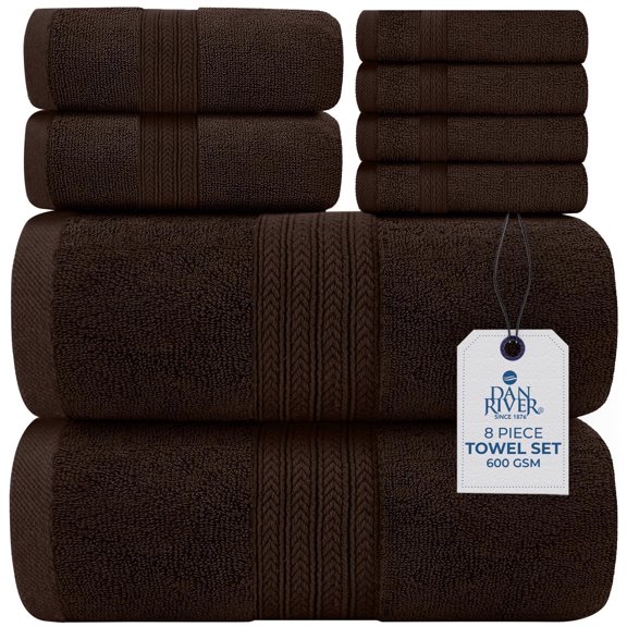 Dan River 8 Piece Towel Set Soft Quick Drying Cotton Bath Towel For Gym, Spa and Bathroom - Brown