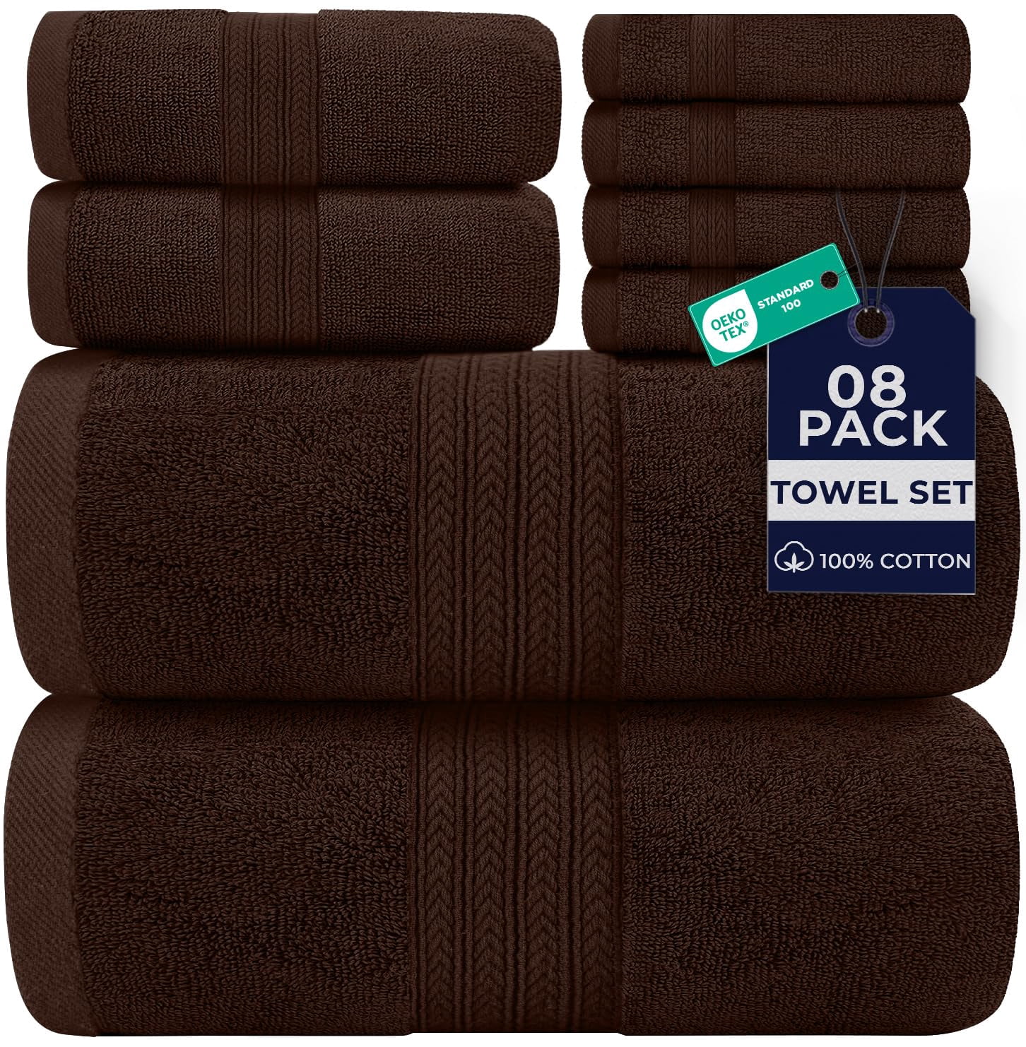 Dan River 8 Piece Towel Set Soft Quick Drying Cotton Bath Towel For Gym, Spa and Bathroom - Brown