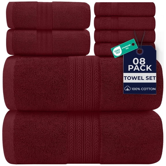 Dan River 8 Piece Towel Set Soft Quick Drying Cotton Bath Towel For Gym, Spa and Bathroom - Burgundy