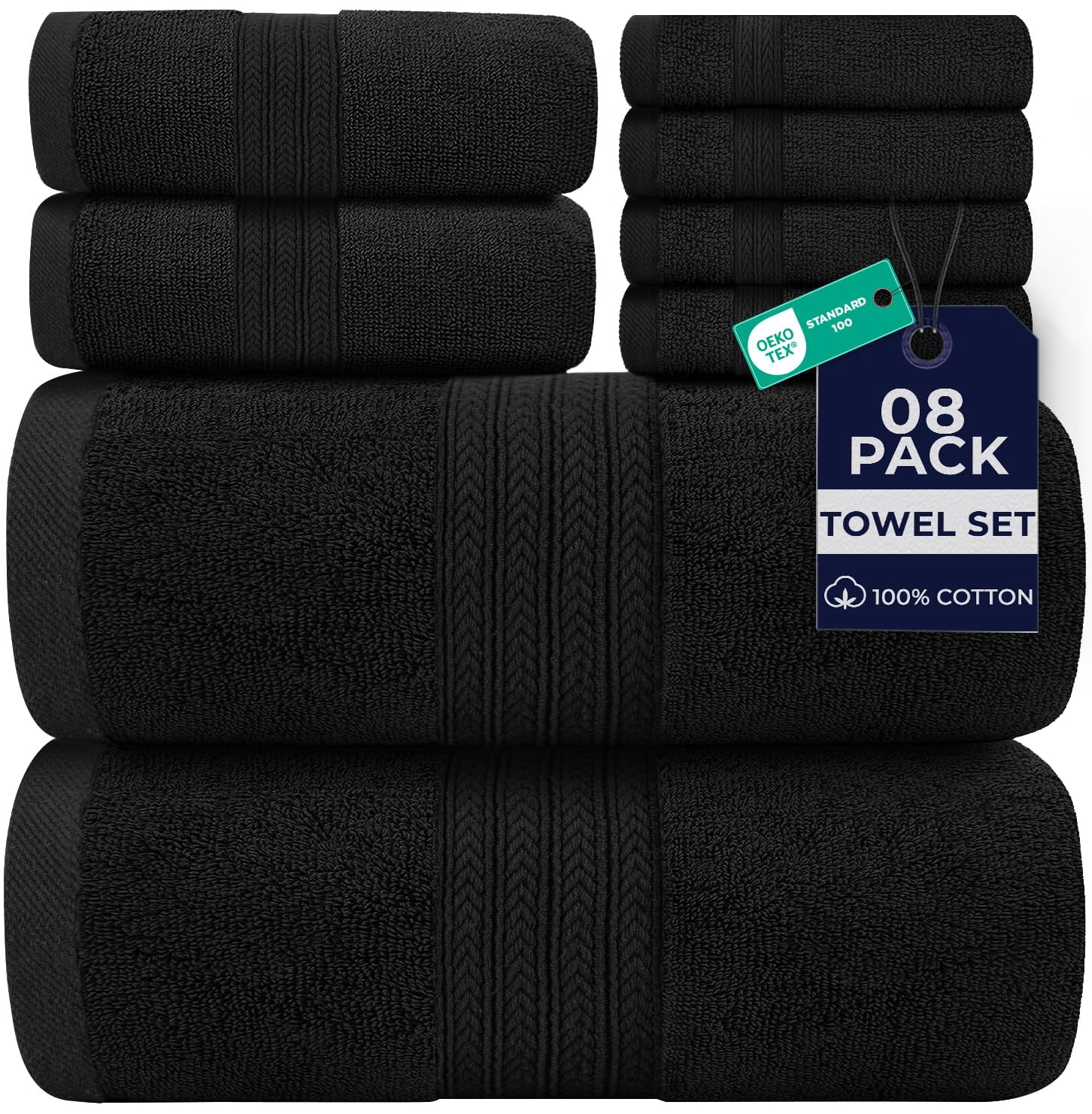 Dan River 8 Piece Towel Set Soft Quick Drying Cotton Bath Towel For Gym, Spa and Bathroom - Black