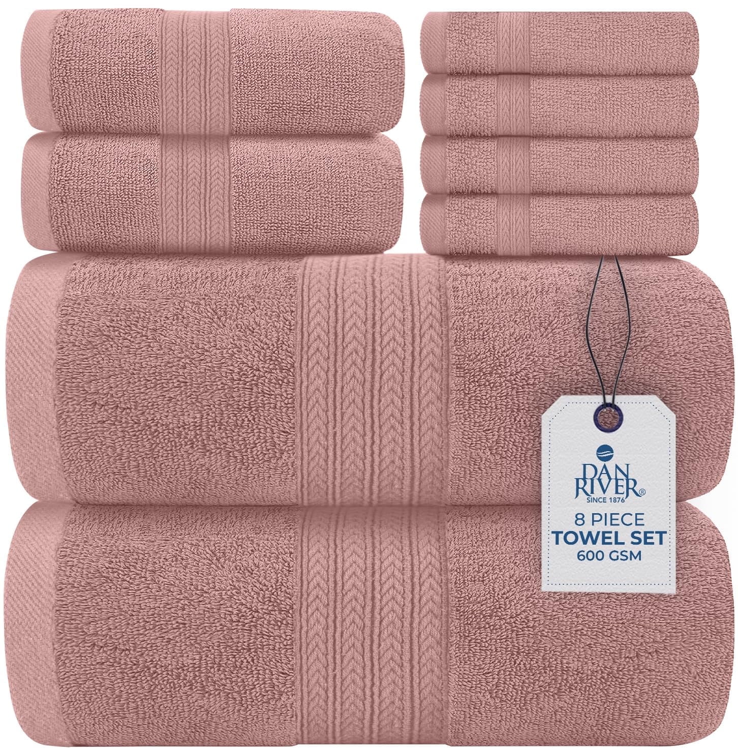 Dan River 8 Piece Towel Set Soft Quick Drying Cotton Bath Towel For Gym, Spa and Bathroom - Dusty Rose