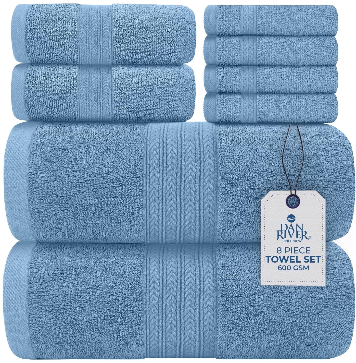 Dan River 8 Piece Towel Set Soft Quick Drying Cotton Bath Towel For Gym, Spa and Bathroom - Medium Blue