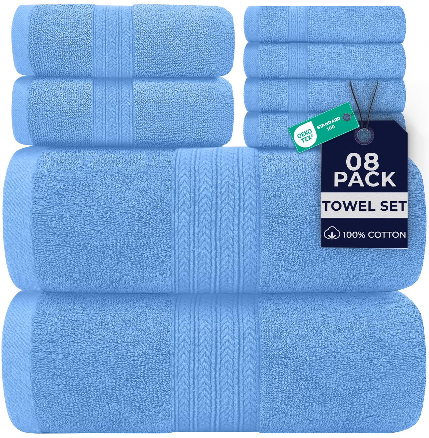 Dan River 8 Piece Towel Set Soft Quick Drying Cotton Bath Towel For Gym, Spa and Bathroom - Medium Blue