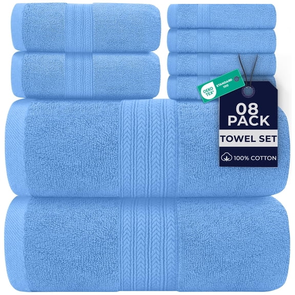 Dan River 8 Piece Towel Set Soft Quick Drying Cotton Bath Towel For Gym, Spa and Bathroom - Medium Blue