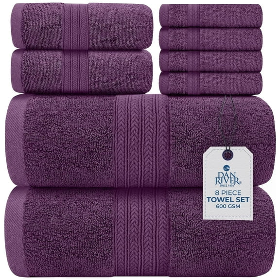 Dan River 8 Piece Towel Set Soft Quick Drying Cotton Bath Towel For Gym, Spa and Bathroom - Purple