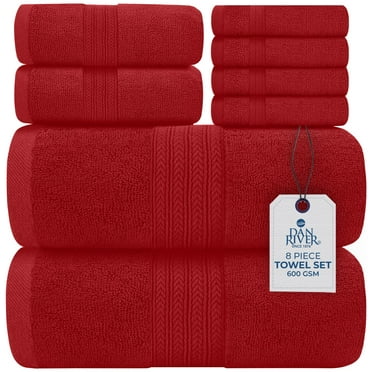 Dan River 100% Cotton Bath Towel 8-Piece Set Soft Quick Dry Towels for Gym, Spa & Bathroom - Red