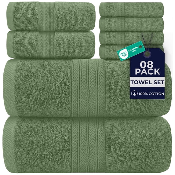 Dan River 8 Piece Towel Set Soft Quick Drying Cotton Bath Towel For Gym, Spa and Bathroom - Sage