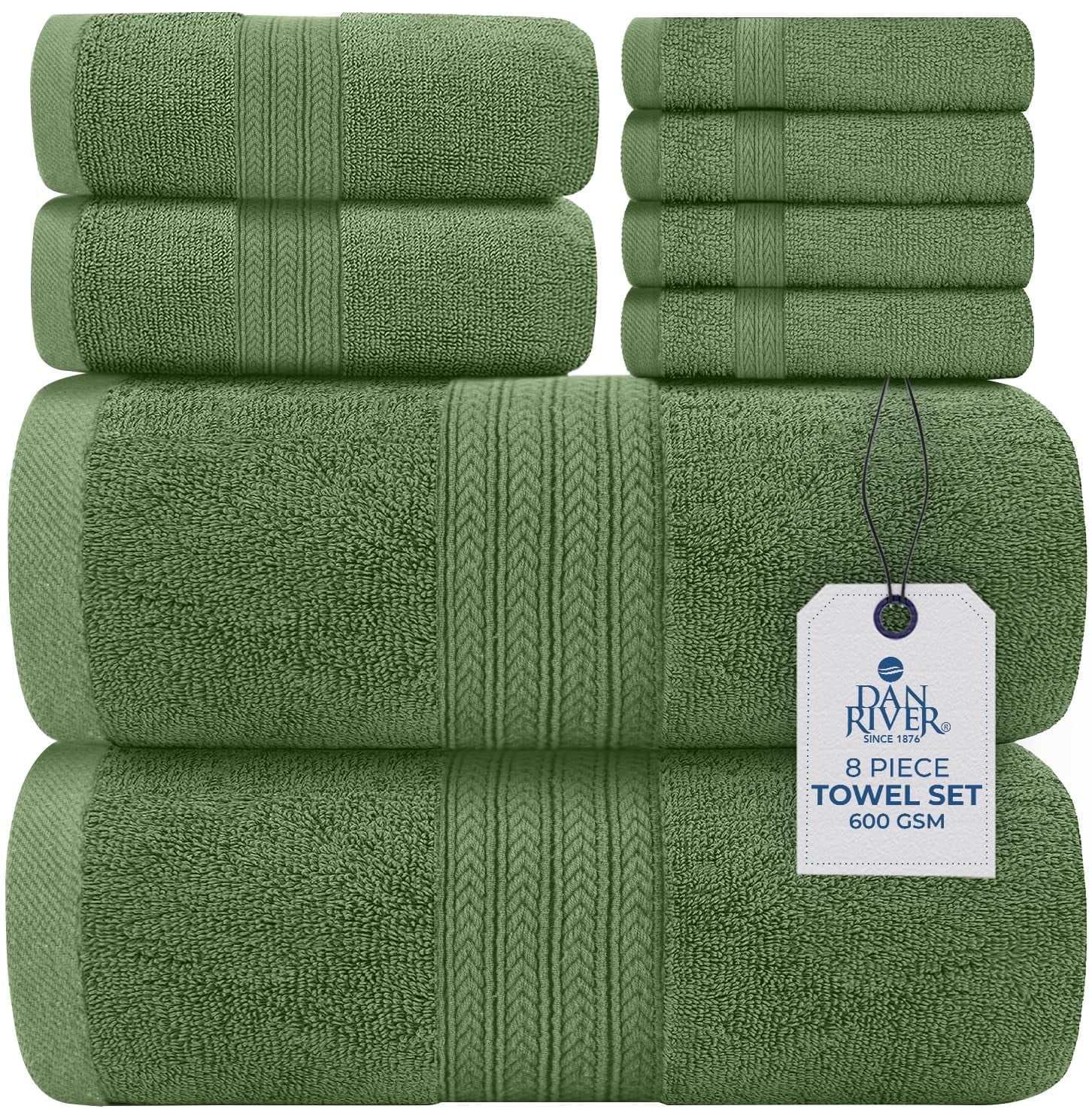 Dan River 8 Piece Towel Set Soft Quick Drying Cotton Bath Towel For Gym, Spa and Bathroom - Sage