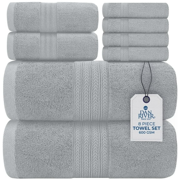 Dan River 8 Piece Towel Set Soft Quick Drying Cotton Bath Towel For Gym, Spa and Bathroom - Silver