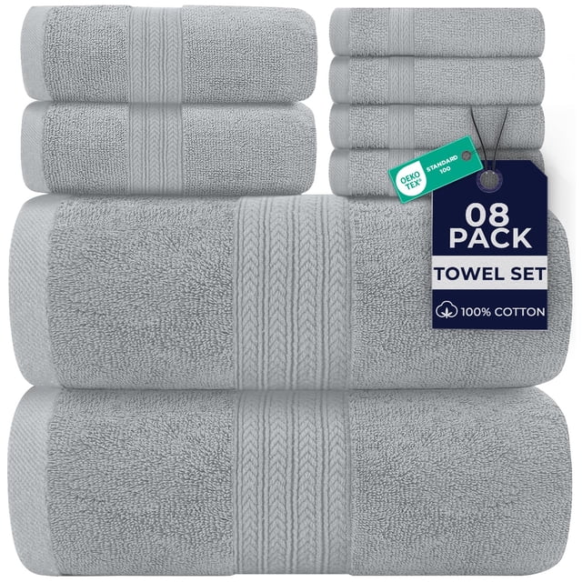 Dan River 8 Piece Towel Set Soft Quick Drying Cotton Bath Towel For Gym, Spa and Bathroom - Silver