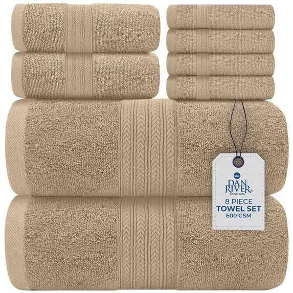 Dan River 8 Piece Towel Set Soft Quick Drying Cotton Bath Towel For Gym, Spa and Bathroom - Tan