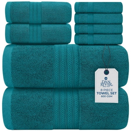 Dan River 8 Piece Towel Set Soft Quick Drying Cotton Bath Towel For Gym, Spa and Bathroom - Teal