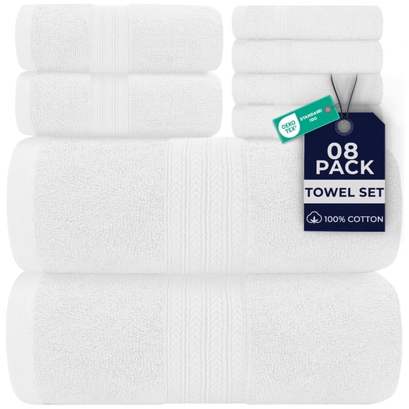 Dan River 8 Piece Towel Set Soft Quick Drying Cotton Bath Towel For Gym, Spa and Bathroom - White