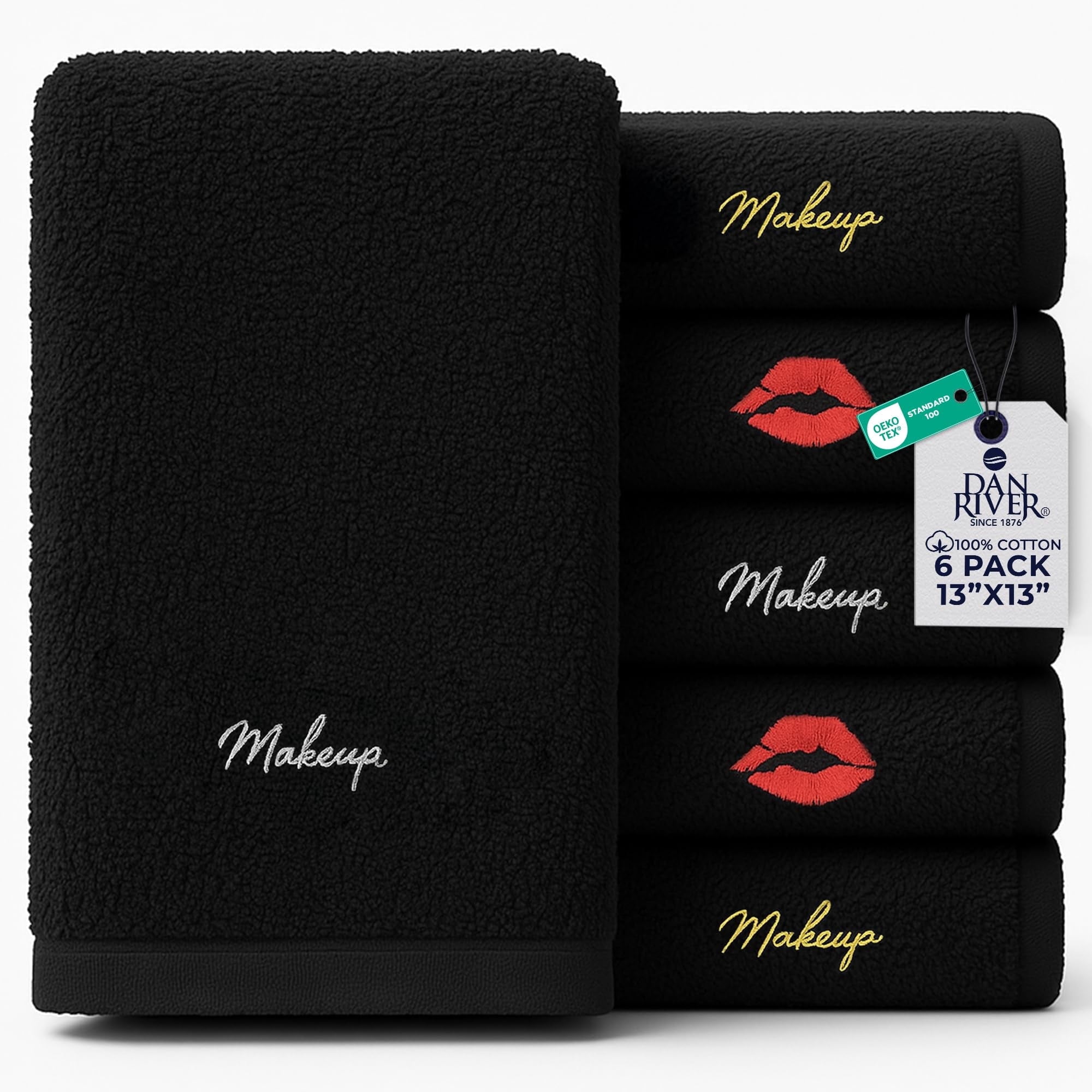 Dan River Black Washcloths 13X13 - 6 pcs Embroidered Wash Rags For Makeup Remover, Soft Cotton Face Towels