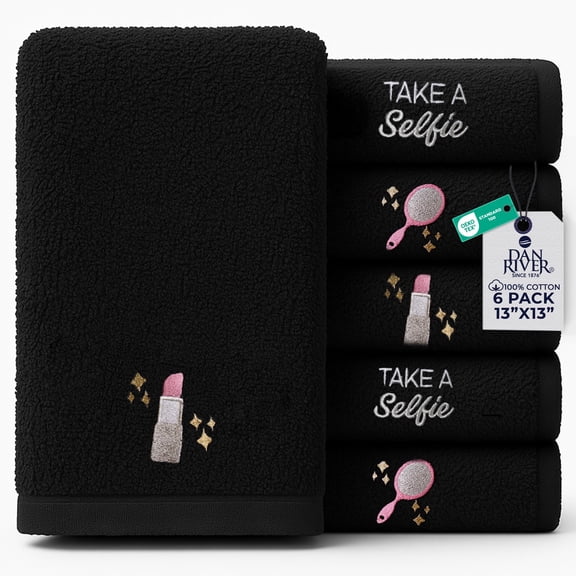 Dan River Black Washcloths 13X13 - 6 pcs Embroidered Wash Rags For Makeup Remover, Soft Cotton Face Towels