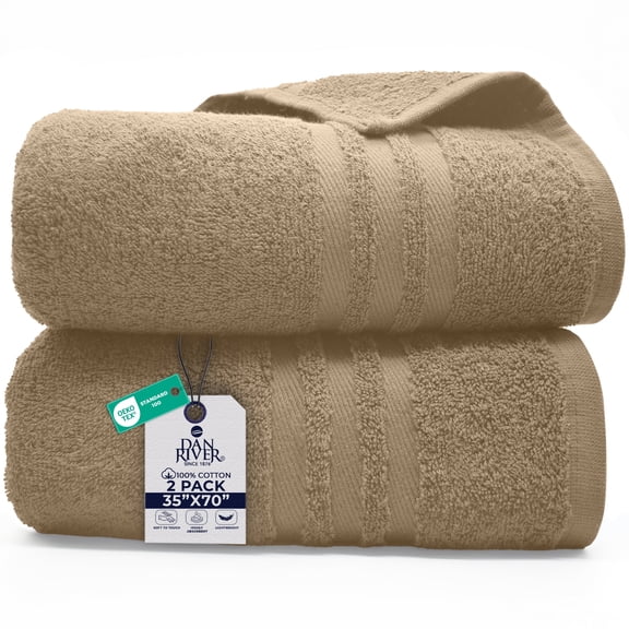 Dan River Bath Sheet 2 pack 35x70 in Quick Drying Oversized Soft Absorbent Cotton Towel - Tan