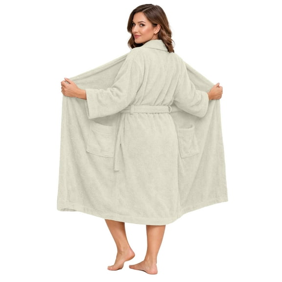 Dan River Bathrobe for Men and Women One Size Lightweight Cotton Terry Cloth Robe - Ivory