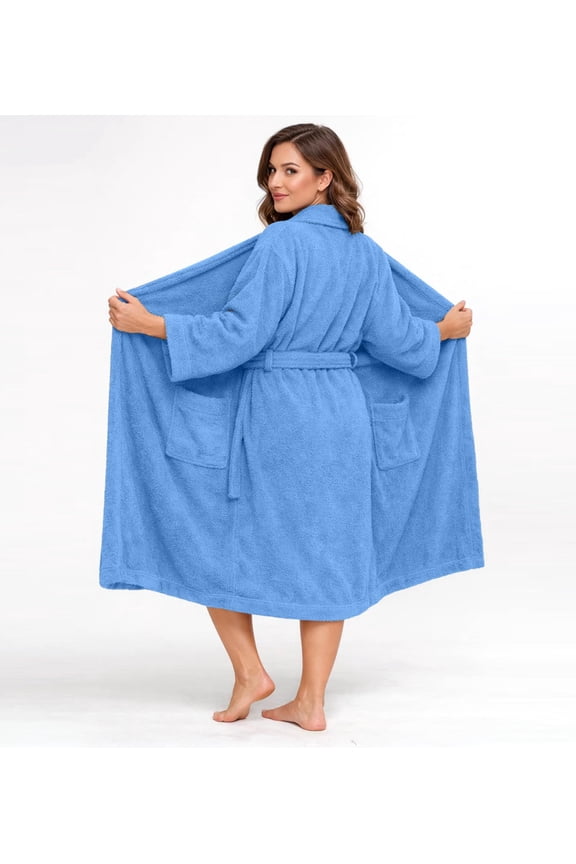 Bathrobe for Men and Women One Size Lightweight Cotton Terry Cloth Robe - Medium Blue