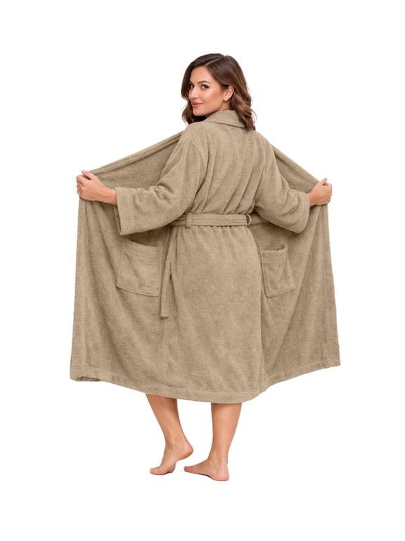 Bathrobe for Men and Women One Size Lightweight Cotton Terry Cloth Robe - Tan