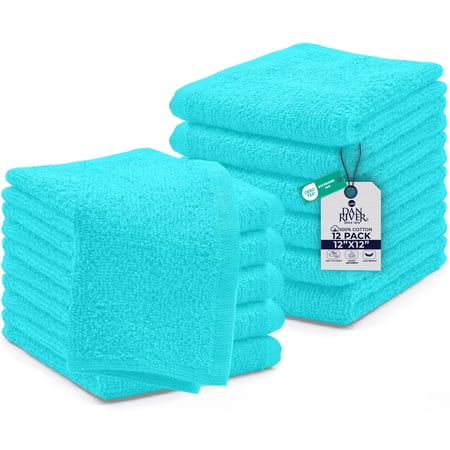 Dan River Washcloths pack of 12 High-Quality Soft Cotton Absorbent and Multipurpose Wash Clothes for Face & Body - Aqua, 12x12in