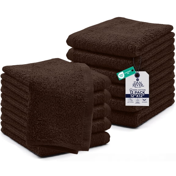 Dan River Washcloths pack of 12 High-Quality Soft Cotton Absorbent and Multipurpose Wash Clothes for Face & Body - Brown, 12x12in