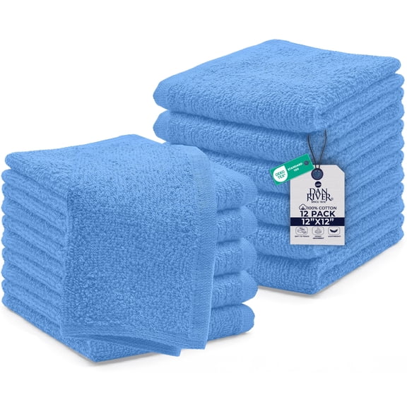 Dan River Washcloths pack of 12 High-Quality Soft Cotton Absorbent and Multipurpose Wash Clothes for Face & Body - Medium Blue, 12x12in