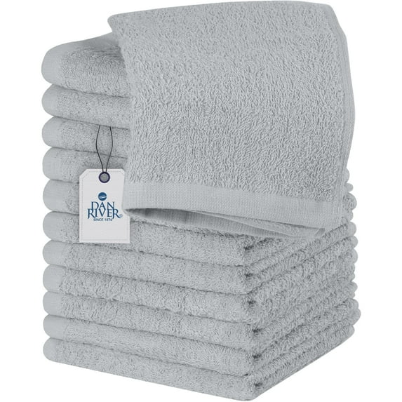 Dan River Washcloths pack of 12 High-Quality Soft Cotton Absorbent and Multipurpose Wash Clothes for Face & Body - Silver, 12x12in