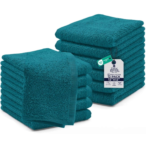 Dan River Washcloths pack of 12 High-Quality Soft Cotton Absorbent and Multipurpose Wash Clothes for Face & Body - Teal, 12x12in