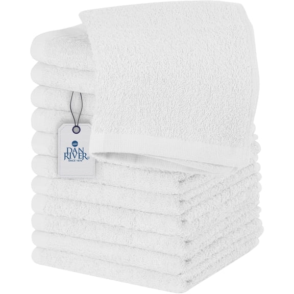Dan River Washcloths pack of 12 High-Quality Soft Cotton Absorbent and Multipurpose Wash Clothes for Face & Body - White, 12x12in