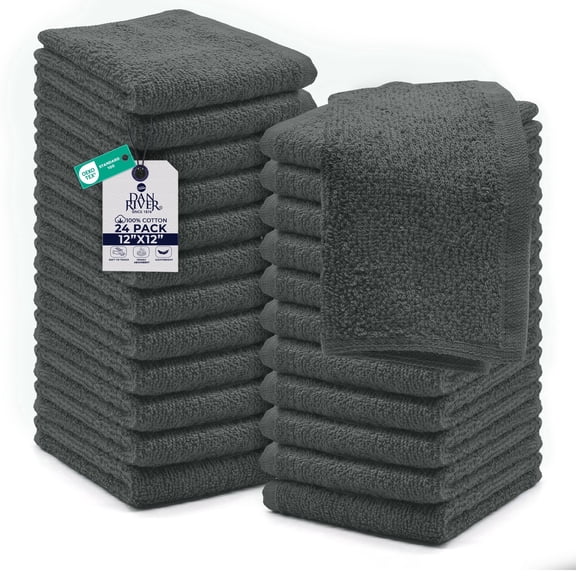 Dan River Washcloths pack of 24 High-Quality Soft Cotton Absorbent and Multipurpose Wash Clothes for Face & Body - Gray, 12x12in