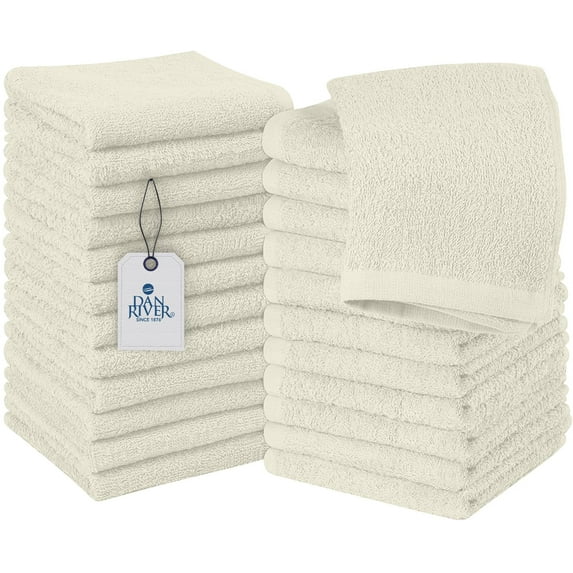 Dan River Washcloths pack of 24 High-Quality Soft Cotton Absorbent and Multipurpose Wash Clothes for Face & Body - Cream, 12x12in