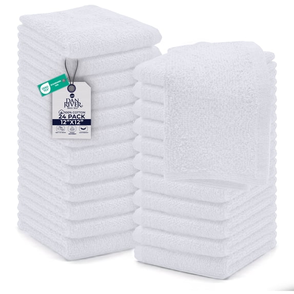 Dan River Washcloths pack of 24 High-Quality Soft Cotton Absorbent and Multipurpose Wash Clothes for Face & Body - White, 12x12in