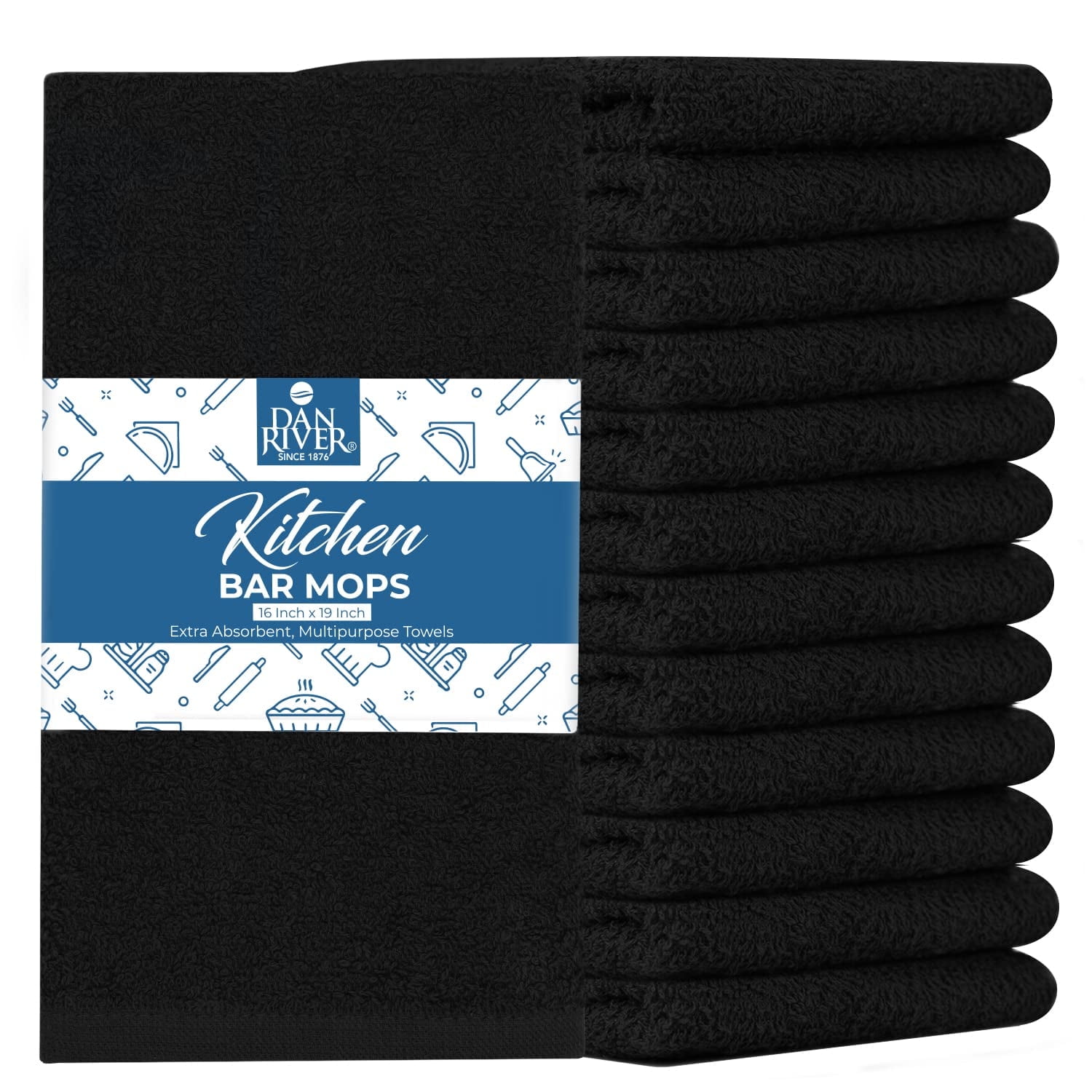 Dan River Bar Mop Cotton Kitchen Towel pack of 12 Super Absorbent And Reusable Cleaning Cloth - Black, 16x19in