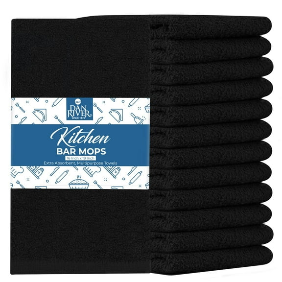 Dan River Bar Mop Cotton Kitchen Towel pack of 12 Super Absorbent And Reusable Cleaning Cloth - Black, 16x19in