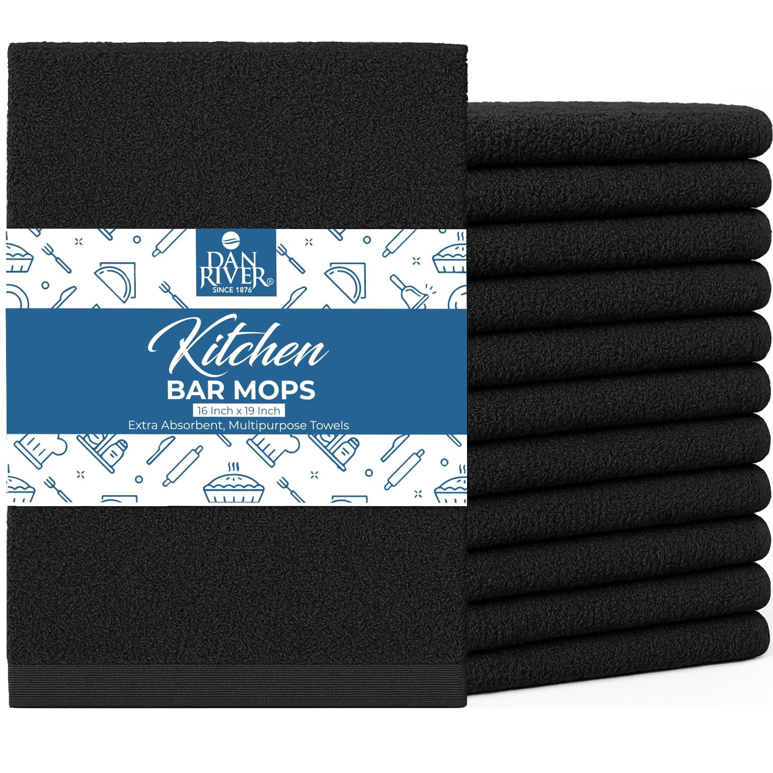 Dan River Bar Mop Cotton Kitchen Towel pack of 12 Super Absorbent And Reusable Cleaning Cloth - Black, 16x19in