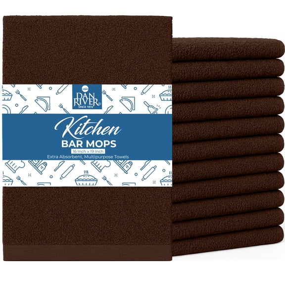 Dan River Cotton Bar Mop Kitchen Towels, Absorbent Reusable Cleaning Cloths, Pack of 12, Brown, 16x19 Inches