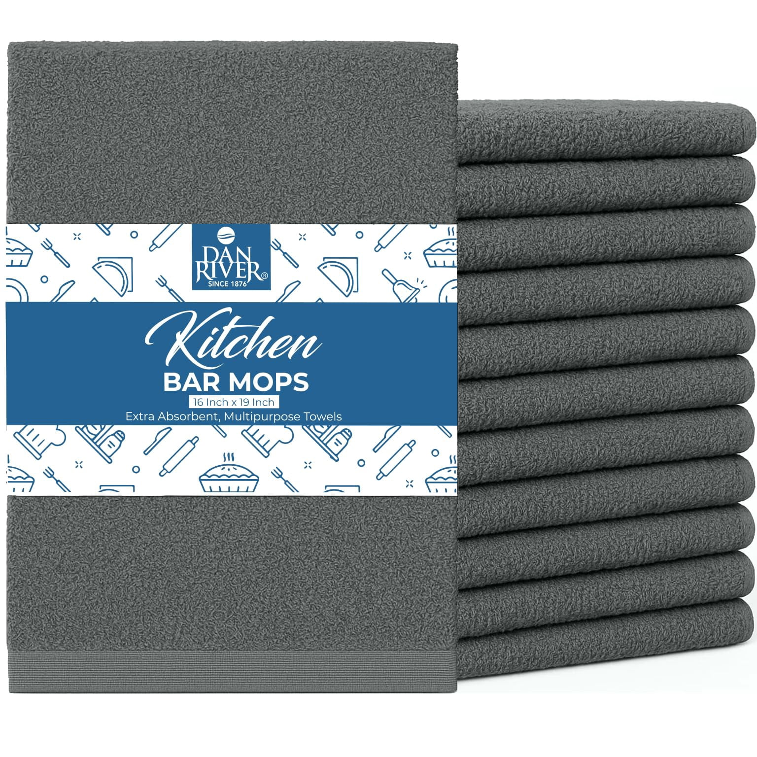 Dan River Bulk Cotton Bar Mop Kitchen Towels, Super Absorbent, Reusable Cleaning Cloths, Gray, 16x19 in (Pack of 12)