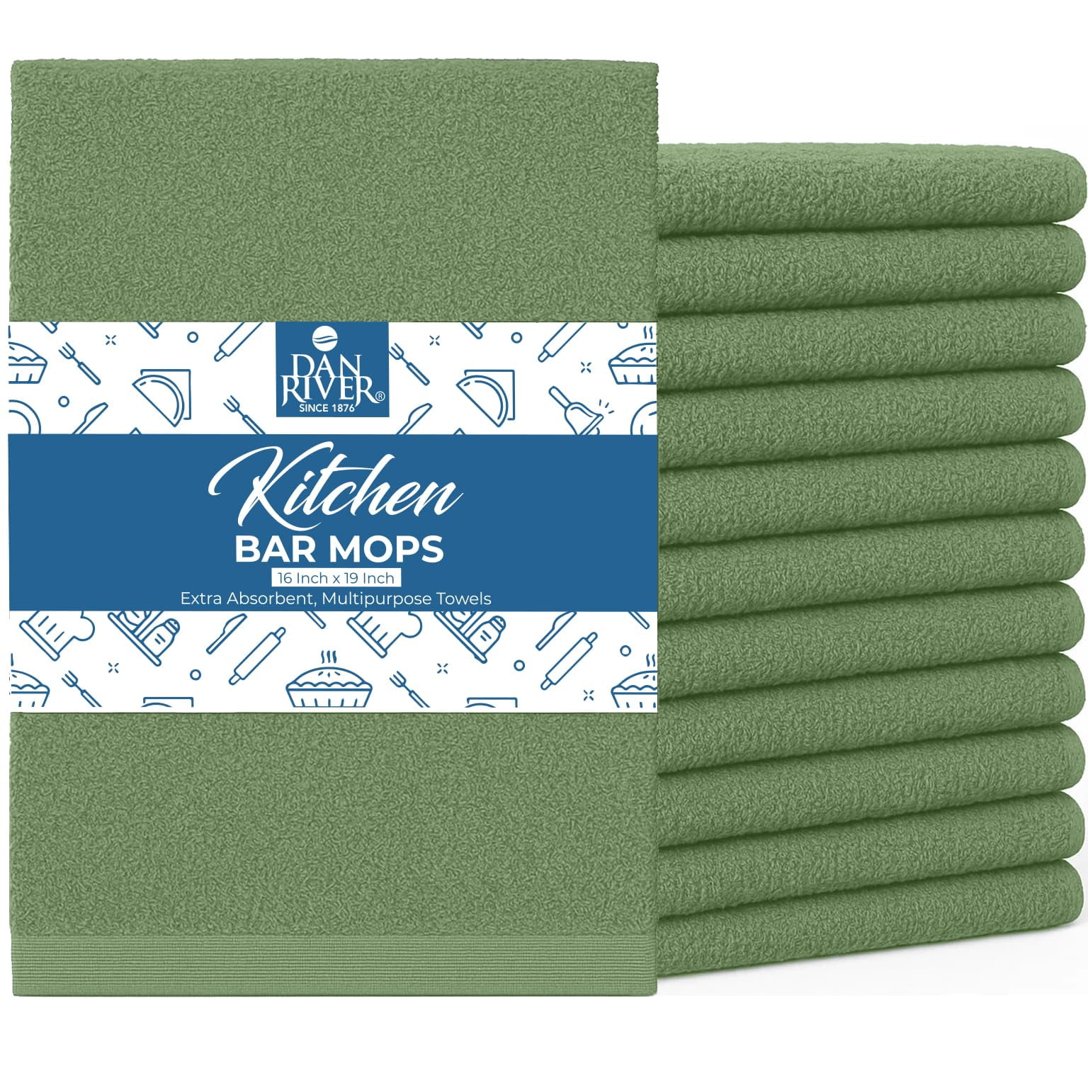 Dan River Cotton Absorbent Reusable Cleaning Bar Mop Kitchen Towels, Pack of 12, Green, 16x19 In