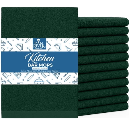 Dan River Bar Mop Cotton Kitchen Towel pack of 12 Super Absorbent And Reusable Cleaning Cloth - Hunter Green, 16x19