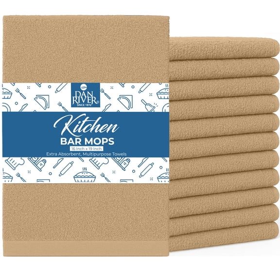 Dan River Bulk Absorbent Reusable Multi-Purpose Bar Mop Kitchen Towels, Pack of 12, Tan, 16x19 In