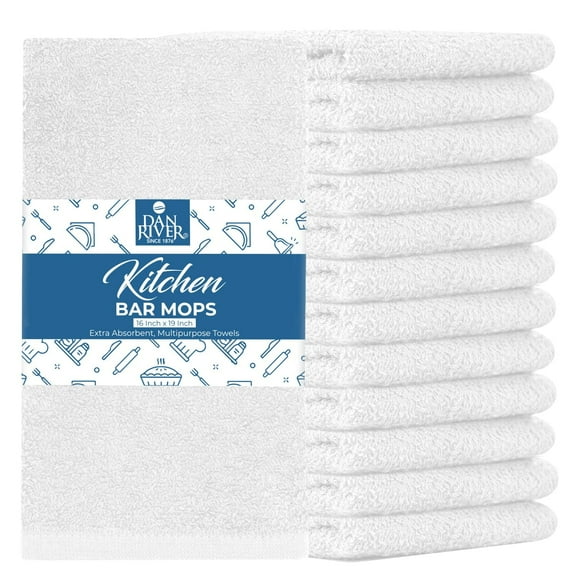 Dan River Bar Mop Cotton Kitchen Towel pack of 12 Super Absorbent And Reusable Cleaning Cloth - White, 16x19in