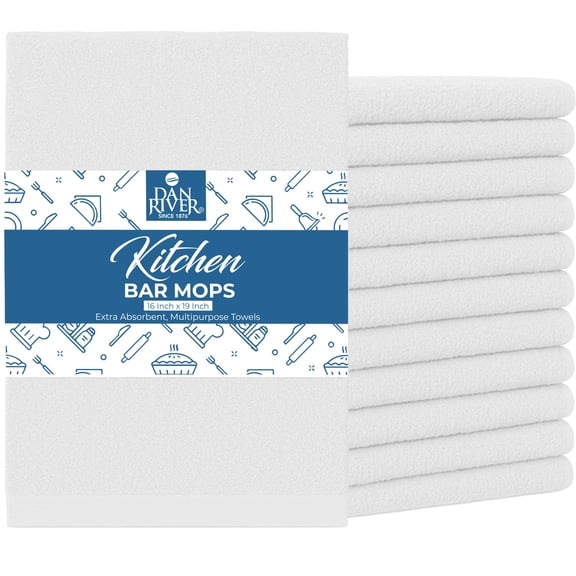 Dan River Bar Mop Cotton Kitchen Towel pack of 12 Super Absorbent And Reusable Cleaning Cloth - White, 16x19in