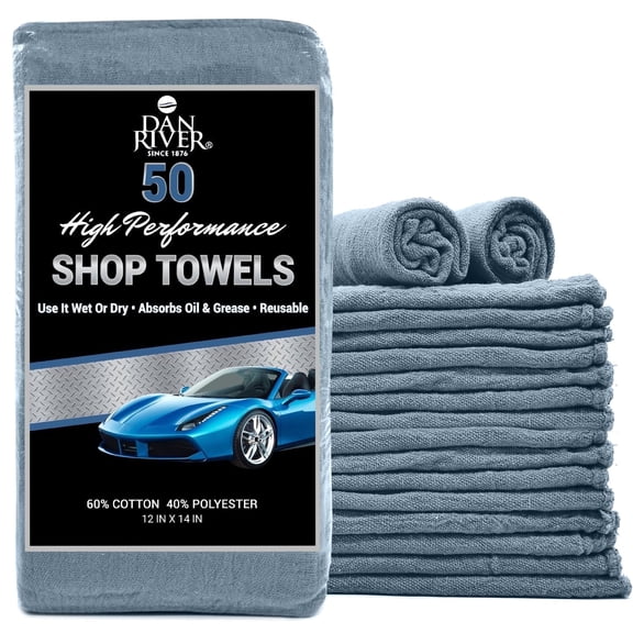 Dan River Shop Towel Medium Blue Pack of 50 Reusable Heavy-Duty Shop Washcloth - 12x14in
