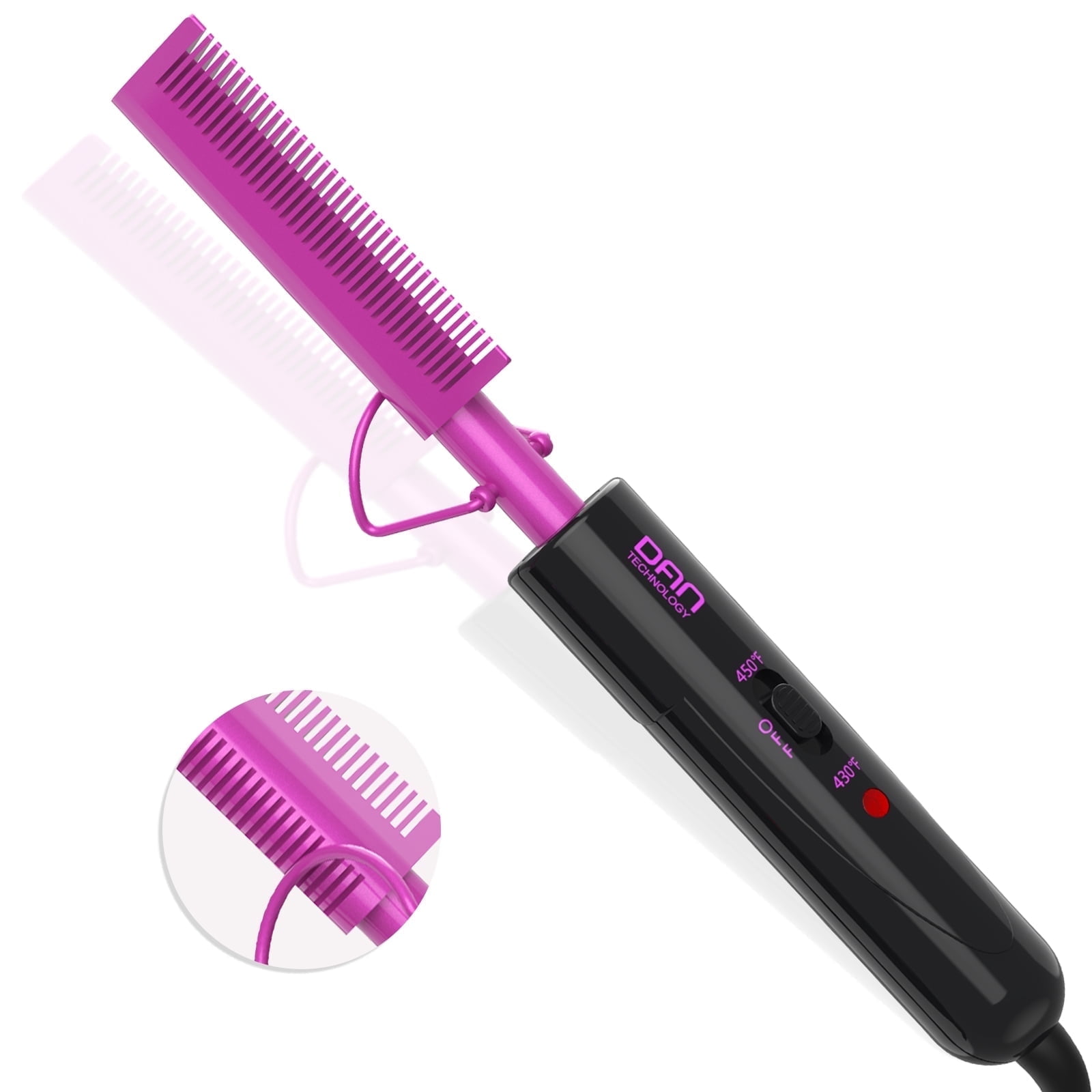 DAN Technology 2 in 1 Electric Hot Comb Iron 450 for Black Hair Wigs Beard,Double Side Teeth Creamic Heat Pink Pressing Comb with Keratin & Argan Oil