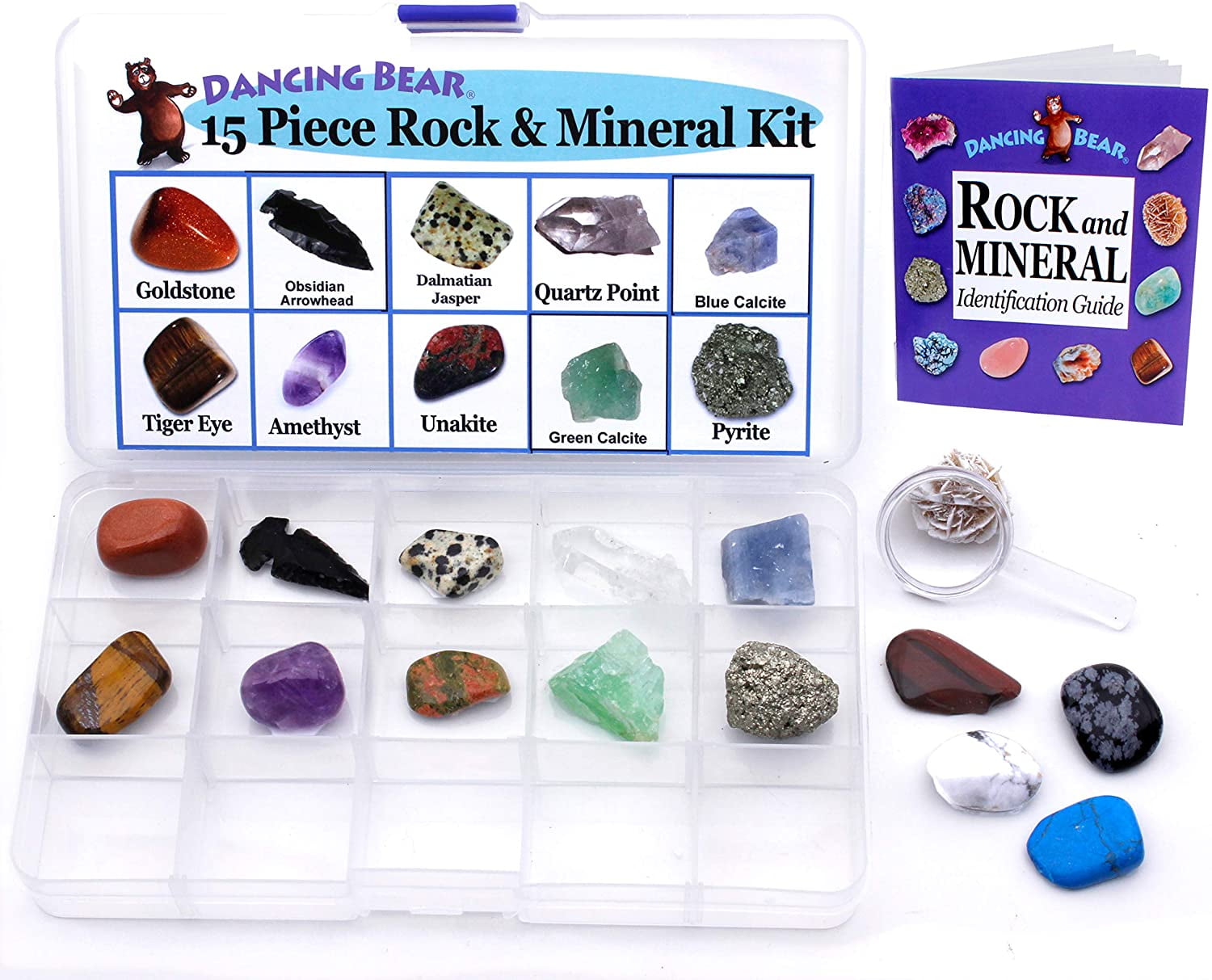 DANCING BEAR -15 Pc Rock & Mineral Collection with Collector Box/Display Case, ID Sheet, Rock Book, Magnifying Glass, Beginner Starter Set, Kids' Gemstone Crystal Kit, STEM Geology Science Education