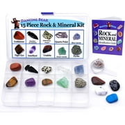 DANCING BEAR -15 Pc Rock & Mineral Collection with Collector Box/Display Case, ID Sheet, Rock Book, Magnifying Glass, Beginner Starter Set, Kids' Gemstone Crystal Kit, STEM Geology Science Education