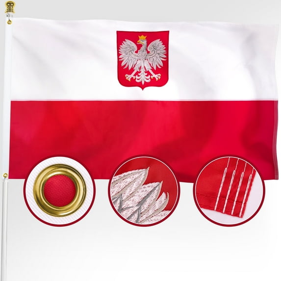 DANF Embroidered Poland Ensign Polish Flag 3x5 ft Outdoor, Double Sided Heavy Duty 210D Nylon Polish National Country Flags