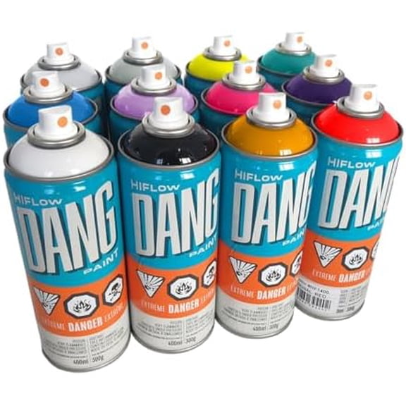 DANG HiFlow High Pressure Graffiti Spray Paint Set of 12 Popular Colors, 400ml Cans, Fast-Drying Gloss Finish, Weather Resistant Graffiti Paint, Ideal for Murals, Metal, Canvas, Orange Dot Fat Caps$$