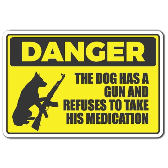 DANGER DOG HAS A GUN Decal warning animal dog ammo protection | Indoor/Outdoor | 12" Tall